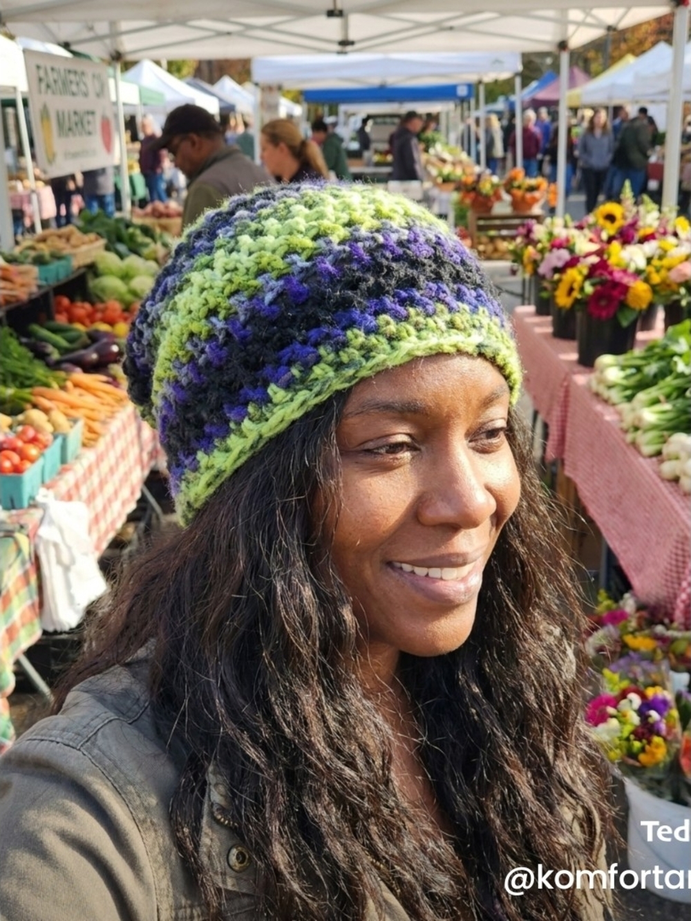 Hand Crafted Green & Purple Knit Slouchy Beanie -